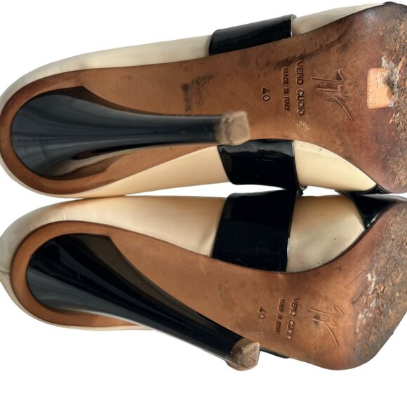 Giuseppe Zanotti high heel sandals patent leather black cream white peep toe - Picture 9 of 16